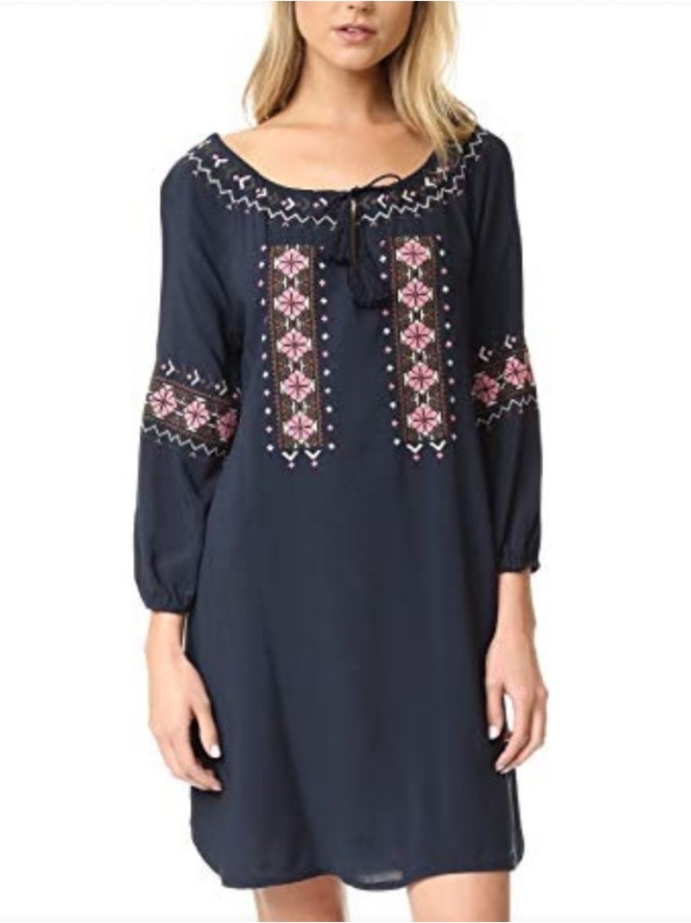 Cupcakes and cashmere Navy Embroidered Peasant Tunic Dress XS